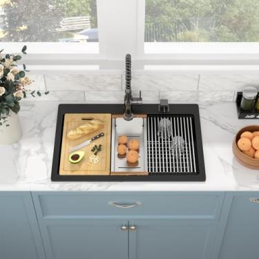 Imagem de Sarlai Pia de cozinha composta de granito 83 polegadas preto fosco gota na pia de granito borda estação de trabalho montagem superior quartzo preto clássico acima do balcão pia pia tigela única bacia