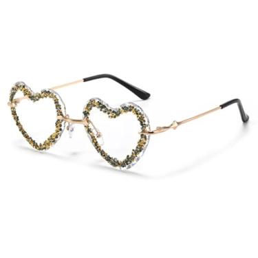 Imagem de HCHES Óculos de sol femininos brilhantes sem aro, metal, formato de coração, UV400 (dourado-transparente)