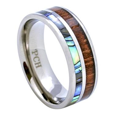 Imagem de PCH Jewelers Aliança de casamento de titânio havaiana de madeira Koa Abalone embutida ou presente de 8 mm, Madeira, alumínio, revestimento, titânio