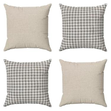 Imagem de Kit Capas De Almofadas 60x60 Decorativas Grandes Para Sofá Cama Bege Cru (Pied De Poule Bege)