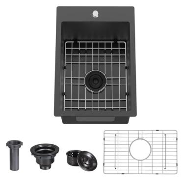 Imagem de Pia de cozinha de tigela única cinza escuro com grade inferior protetora pequena para uso externo Rv pia de aço inoxidável para cozinha (38 x 50 x 23 cm)