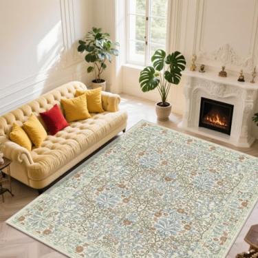 Imagem de shinefly Tapete vintage bege azul para sala de estar, tapetes laváveis 22 x 30 cm para sala de jantar embaixo da mesa, tapete grande macio de pilha baixa para quarto, floral boho antiderrapante (22 x