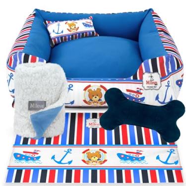 Imagem de Cama Pet Oxford + Coberdrom + Brinquedo Ossinho + Tapetinho Estampado 05 Peças -Ursinhos– Premium 2 (70x70 cm, Ursinho Marinheiro)