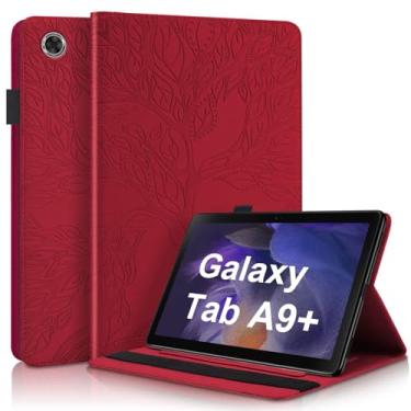 Imagem de TIPOYOROO Capa para Samsung Galaxy Tab A9 Plus 2023, capa de couro PU leve com suporte dobrável com faixa elástica e suporte de cartão para tablet Galaxy Tab A9+ vermelho
