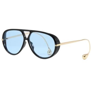 Imagem de LASPOR Óculos de sol aviador grandes para mulheres, vintage, com brinco ajustável, armação grande, óculos escuros femininos, Armação preta/lente azul