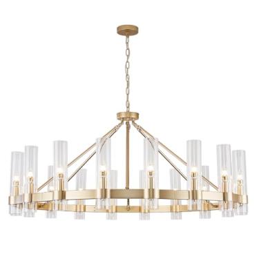 Imagem de Vimatto Lustre de roda de vagão dourado com formato de vidro D50 grande lustre redondo para teto alto, luminárias pendentes penduradas para sala de estar, sala de jantar (ouro + formato de vidro)