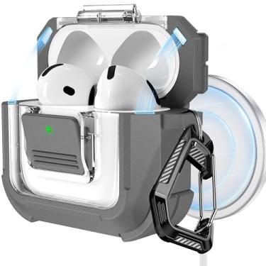 Imagem de RFUNGUANGO Capa protetora compatível com AirPods 4ª geração, compatível com Magsafe, trava automática magnética, com kit de limpeza, adequada para capa protetora Airpods 4 (2024) - cinza