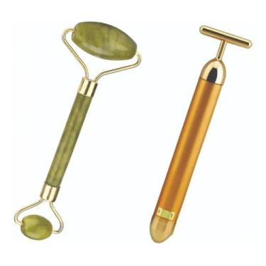 Imagem de Kit Rolo Facial Pedra de Jade ROLO VERDE  + Massageador  T Gold 24k Vi