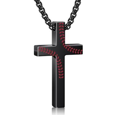 Imagem de LYNNON Colar de cruz de beisebol para homens e meninos, pingente de cruz de aço inoxidável com corrente de 50 + 5 cm, acessórios de beisebol, joias esportivas cristãs, presentes (preto)