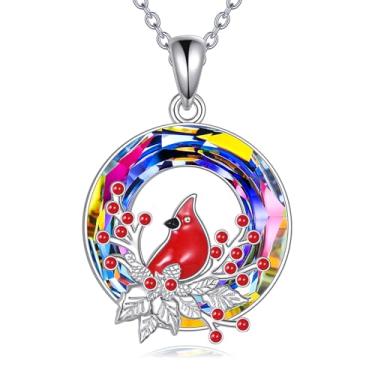 Imagem de EKJQB Colar cardeal vermelho com cristais da Áustria, colar de árvore de Natal cardeal, joias de Halloween para mulheres, 45,7 cm + 5 cm