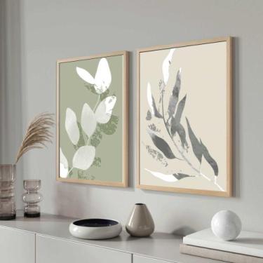 Imagem de Conjunto Quadros Decorativos com Moldura Folhas Tons Verde e Bege Kit 