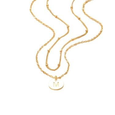 Imagem de GNIRTSI Colares com inicial em camadas de ouro para mulheres, corrente satélite, gargantilha, disco, letra A-Z, pingente de moeda, banhado a ouro 14 K, minimalista, delicada, joia moderna, Metal
