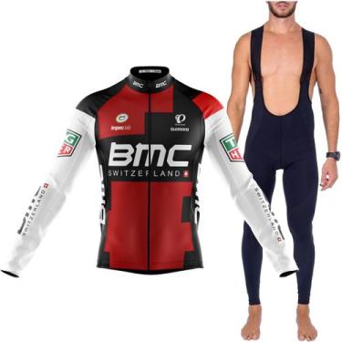 Imagem de Kit Camisa Ciclismo Longa Bmc Com Bretelle Gel 3D Longo Blackout Dryfi