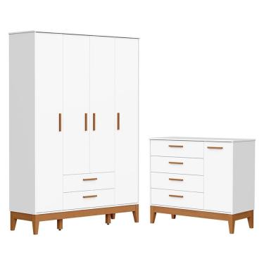 Imagem de Jogo De Quarto Infantil Flip Guarda Roupa 4 Portas E Cômoda 1 Porta Reller Móveis Branco Fosco