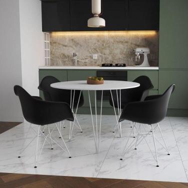 Imagem de Mesa Jantar Redonda 110Cm Branca Clips 3 Pés Com 4 Poltronas Pretas Fe