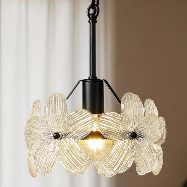 Imagem de mnikopE Luzes pendentes de vidro modernas ilha de cozinha com sombra de pétalas, luminária pendente preta ajustável para sala de jantar corredor (base E26 preta)