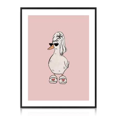 Imagem de Dazzlewall Arte engraçada de parede de pato, óculos de sol rosa legal impressão de arte de parede de pato minimalista pintura de roupão de banho animal para banheiro banheira decoração de banheiro, 30
