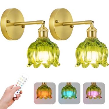Imagem de PASSICA DECOR Arandelas de parede vintage operadas a bateria, conjunto de 2 - luzes de parede LED de controle remoto sem fio, recarregáveis, USB-C, regulável, 15 cores, sem fiação, sombra de vidro