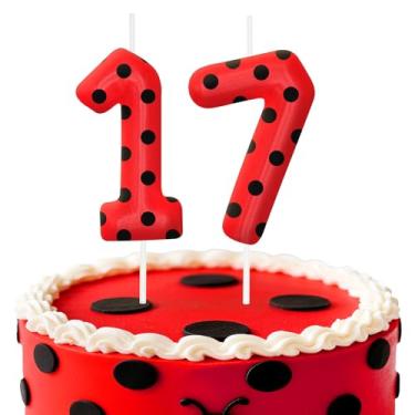 Imagem de Velas de aniversário de joaninha número 17, topo de bolo de bolinhas vermelhas e pretas para meninos e meninas, decorações de aniversário, suprimentos de festa, velas numéricas para decoração de festa