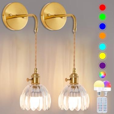 Imagem de Conjunto de dois arandelas de parede vintage operados por bateria, luminárias de vidro tulipa transparente sem fio, luzes de parede RGB recarregáveis sem fio com controle regulável, para quarto e sala