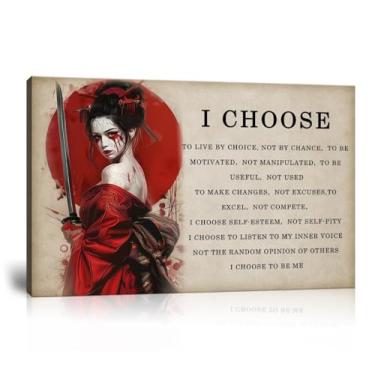 Imagem de Impressão de arte de parede em tela de samurai japonês motivacional feminina lua vermelha pintura de decoração de parede citações inspiradoras I Choose Poster emoldurado para escritório, sala de estar