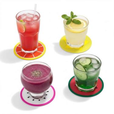 Imagem de Kit Porta Copos Decorativos com Estampas de Frutas, PVC Flexível, 8,5cm, 8 Unidades