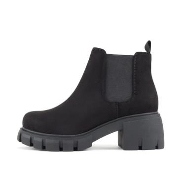 Imagem de Soda PIONEER ~ Bota feminina de salto médio Chelsea com elástico duplo, Camurça preta Imit, larga,, 7 Wide