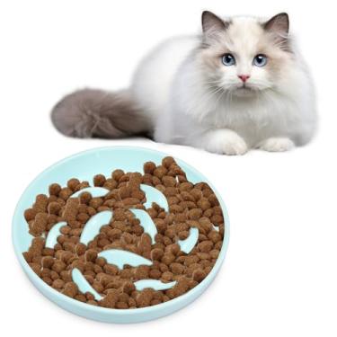 Imagem de DJAPWPX Tigela de alimentação lenta para gatos, borda elevada, tigela de comida lenta para animais de estimação, design em forma de peixe, prato de cerâmica alimentador lento antivômito para cães