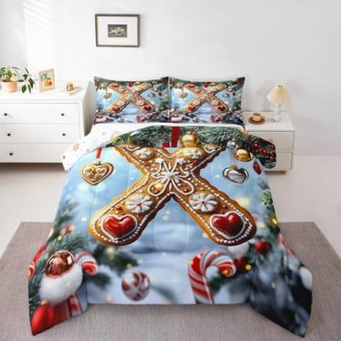 Imagem de Feelyou Conjunto de edredom casal de biscoito de gengibre para crianças, meninos, meninas, letra X, edredom de Natal, decoração de quarto de microfibra, 3 peças com 2 fronhas