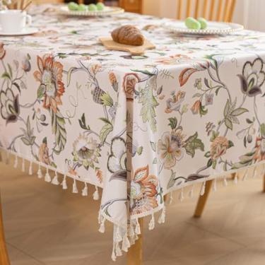 Imagem de Erbnaryx Toalha de mesa com estampa de bloco manual para mesas quadradas, bordas com franjas com padrão de flores, toalha de mesa decorativa para cozinha, sala de jantar, 159 x 259 cm