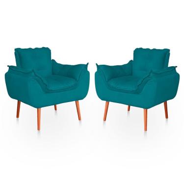 Imagem de Kit 02 Poltronas Opala Para Sala Confortável Resistente Veludo Bege Azul Turquesa
