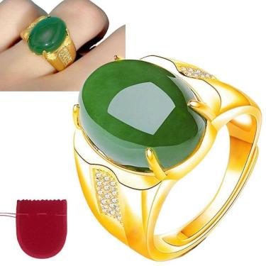 Imagem de Anel Masculino Dourado Banhado Pedra Jade Fusion Ajustável