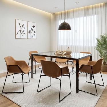 Imagem de Conjunto Mesa de Jantar Retangular Tampo de Vidro 160cm x 75cm Smart com 6 Cadeiras Lodelô Preto/Pinus