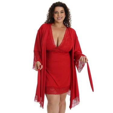 Imagem de Kit Camisola Plus Size Feminino + Robe Roupão de Banho Luxo com Renda 