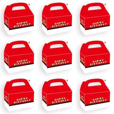 Imagem de Qouui Pacote com 24 caixas de lembrancinhas de festa vermelhas e brancas, caixas de papel empena com alças, caixas de doces de festa de animação de desenho animado para aniversário, formatura, chá de