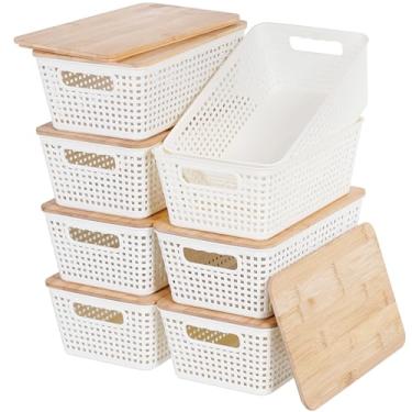 Imagem de Caixas de armazenamento com tampas 8 pacotes, caixas de armazenamento de plástico com tampas de bambu para organização de despensa e recipientes de armazenamento para prateleiras, gavetas, armário