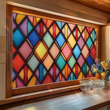 Imagem de SHENGYUMY Película de mosaico colorido para janela, 43 x 100 cm, padrão geométrico, diamante, adesivo, vidro fixo, estilo vitral, para privacidade, decoração de casa, escritório, cozinha, painel de