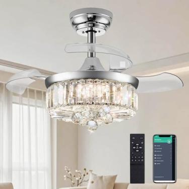 Imagem de DuMaiWay Lustre de 76 cm Ventilador de teto com luz de cristal moderno Ventilador de teto reversível, temporizador retrátil regulável para quarto, sala de jantar, sala de estar, prateado cromado