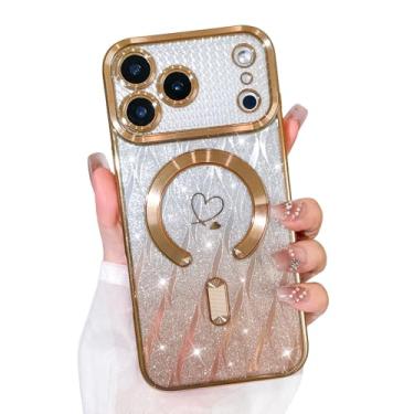 Imagem de Bonoma Capa com glitter para iPhone 17 Pro Max [compatível com MagSafe], capa brilhante com estampa de folhas magnéticas de coração de amor, proteção de câmera, capa traseira macia e brilhante para