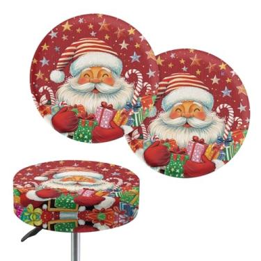 Imagem de gearider Pacote com 2 capas de assento redondas de Natal, almofada elástica redonda com faixas elásticas, Papai Noel fofo, fácil de limpar, almofada de assento de cadeira, diâmetro de 35,5 a 40,6 cm