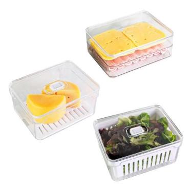 Imagem de Kit 3 Organizadores de Geladeira Acrílico com Tampa e Cesto Drenagem Clear Fresh | Saladas | Frios | Frutas | Organização para sua cozinha