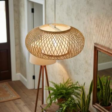 Imagem de Luminária Pendente Circular, Bambu Natural Vazado, Vidro Transparente, 13x17cm, Estilo Rústico Vintage, Decorativo para Sala de Estar