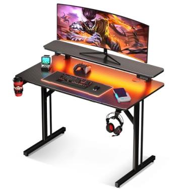 Imagem de MOTPK Mesa de jogos pequena de 81 cm com luzes LED, mesa de jogos para computador com prateleira para monitor, mesa de jogos com textura de fibra de carbono, presente para meninos e crianças para