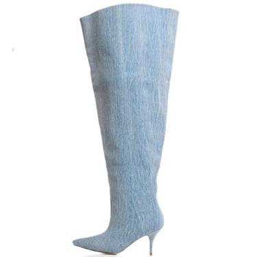 Imagem de CAGLGLZ Botas femininas de salto alto e cano alto, bico fino, bico fino, preto, salto alto feminino, Jeans azul, 40 BR