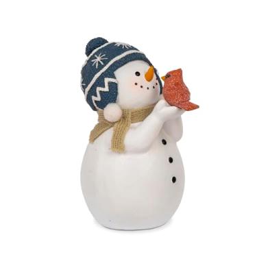 Imagem de Blossom Bucket Boneco de neve de Natal em chapéu azul com estatueta de pássaro vermelho, 18 cm, multicolorido