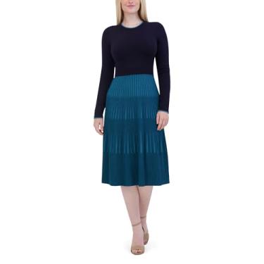 Imagem de Eliza J Vestido feminino de manga 3/4 com gola redonda e detalhe canelado, Azul marino, GG