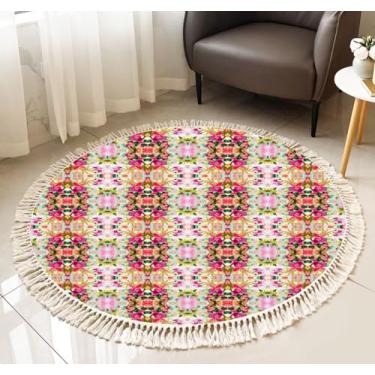 Imagem de Tapete redondo com franjas Cattleya Orquídea Flor Ornamento Aquarela Pinceladas Sem Costura Boho Tapete Borla Linho Tapete Tecido à Mão Pátio Corredor Tapete Decoração de Casa Sala de Estar Mesa de