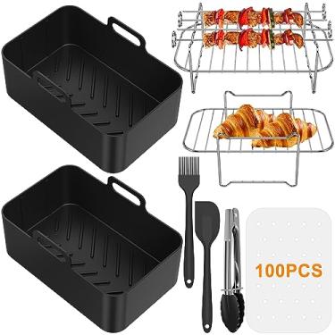 Imagem de QUWUMGD Conjunto de acessórios para fritadeira a ar antiaderente Frigideira de silicone com 100 forros de papel Rack de aço inoxidável para espetos Escova de óleo Pinça de silicone espátula de