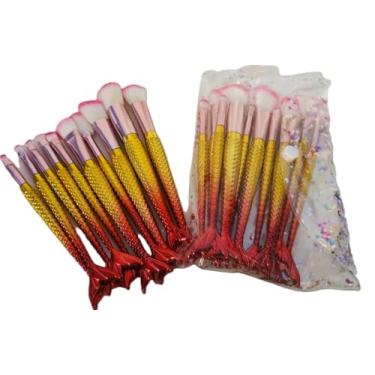 Imagem de Kit de Pincéis para Maquiagem Sereia, 10 Peças (Amarelo com Vermelho)