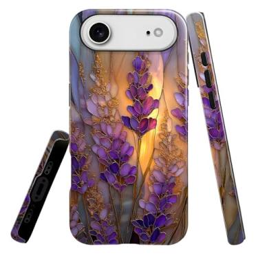 Imagem de heindiy Compatível com iPhone 17 Air, capa brilhante, proteção total, à prova de choque, anti-arranhões, capa de TPU, capas para homem, mulher, vitral, lavanda em flor